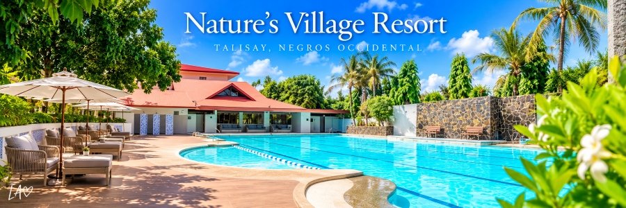Nature's Village Resort in Talisay, Negros Occidental, featuring a sparkling turquoise swimming pool, tropical gardens, shaded loungers, and resort accommodations.