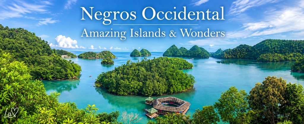 Panoramic view of Negros Occidental featuring lush tropical islands, turquoise waters, and a floating pavilion surrounded by breathtaking coastal scenery.