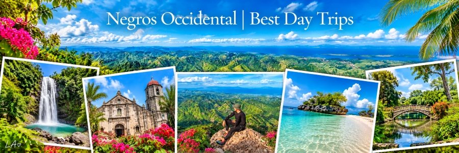 Colorful travel collage featuring a tropical waterfall, historic stone church, mountain viewpoint, turquoise island beach, and scenic garden bridge beneath a bright blue sky.