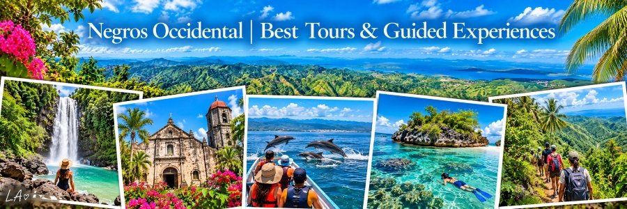 Colorful travel collage featuring a tropical waterfall, historic stone church, dolphin-watching boat tour, snorkeling in crystal-clear water, and hikers exploring lush mountain trails.
