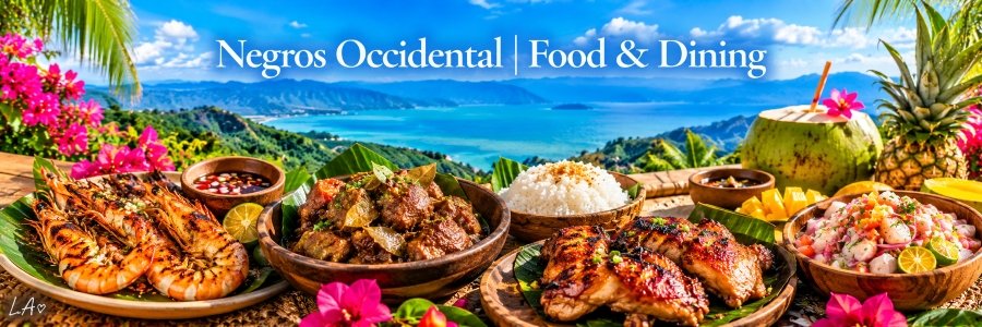 Colorful Filipino feast featuring grilled prawns, roasted chicken, savory meat dishes, steamed rice, fresh seafood salad, and tropical fruit overlooking a turquoise bay.