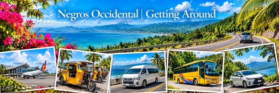 Colorful transportation collage featuring an airplane, local tricycles, passenger van, tour bus, and rental car along scenic tropical roads and coastline.