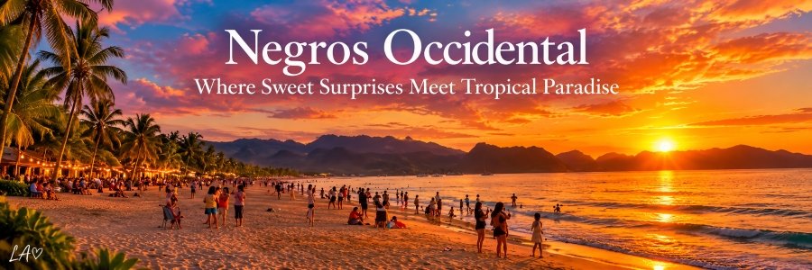 Spectacular tropical beach sunset with brilliant orange and pink skies, golden reflections across the ocean, palm trees, and people enjoying the sandy shoreline in Negros Occidental.