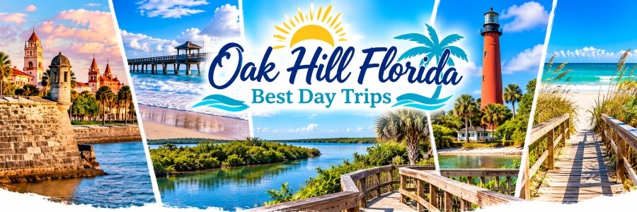 Colorful collage of day trips from Oak Hill Florida, featuring St. Augustine architecture, a coastal pier, Ponce Inlet Lighthouse, and sandy beaches.