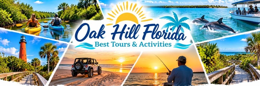 Colorful collage of tours and activities near Oak Hill Florida, featuring mangrove kayaking, dolphin watching, coastal fishing, and scenic nature trails.