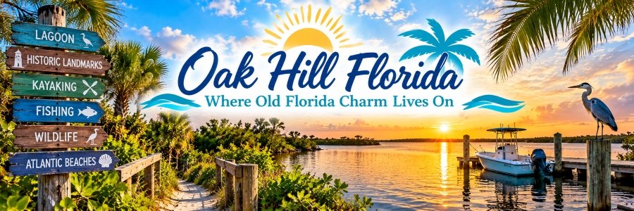 Oak Hill Florida lagoon at sunset with a docked fishing boat, great blue heron, palm trees, and peaceful coastal scenery.