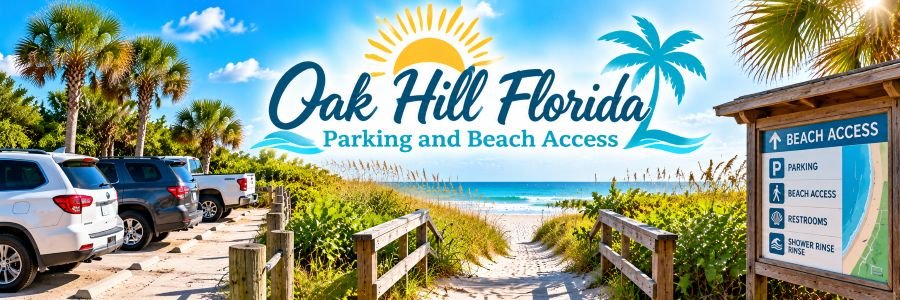 Coastal beach access near Oak Hill Florida with a sandy pathway, parked vehicles, palm trees, and a wooden information sign.