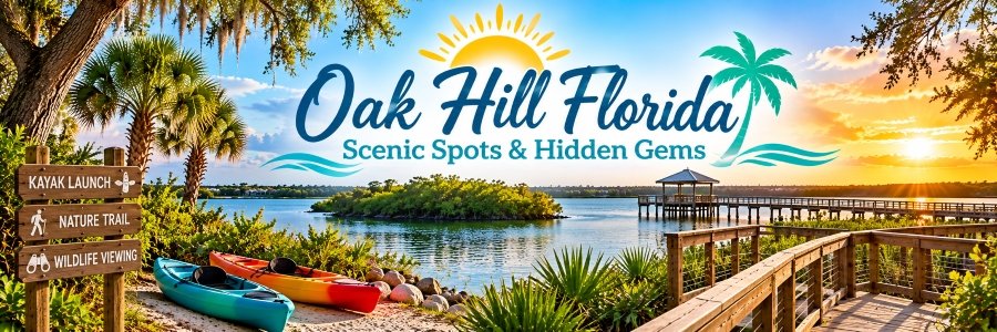 Scenic Oak Hill Florida lagoon with colorful kayaks, lush mangroves, palm trees, and a peaceful waterfront nature setting.
