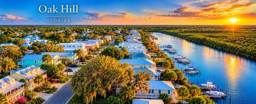 Aerial view of Oak Hill, Florida, featuring colorful waterfront homes, boat docks, lush tropical greenery, and a golden sunset over a peaceful waterway.