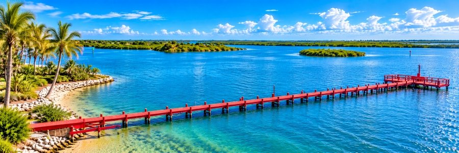 Panoramic waterfront view in Oak Hill, Florida, featuring a long red fishing pier, sparkling blue lagoon waters, tropical palms, and distant mangrove islands.