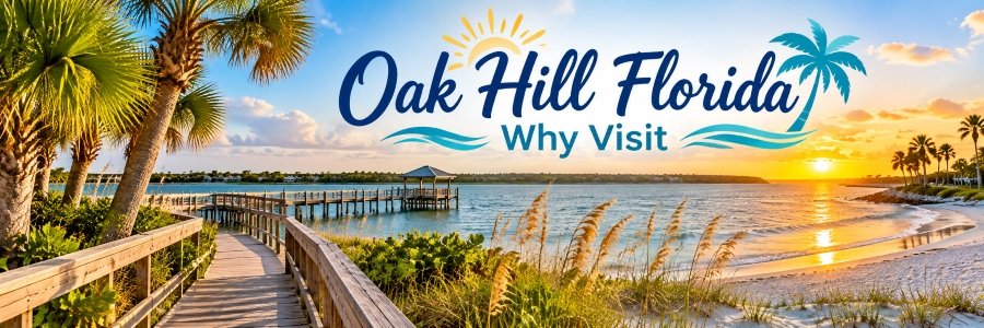 Scenic Oak Hill Florida waterfront with a wooden boardwalk, covered fishing pier, palm trees, and golden sunset reflecting across the lagoon.