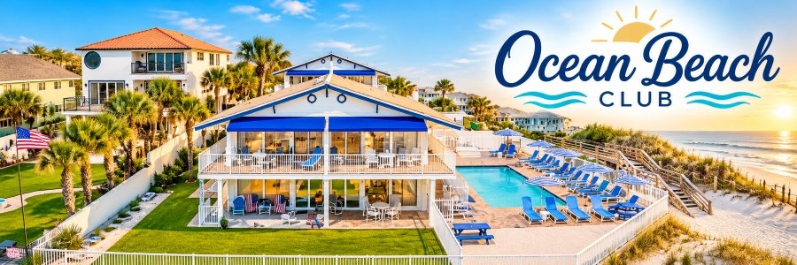 Aerial view of Ocean Beach Club in New Smyrna Beach, featuring blue awnings, a swimming pool, palm trees, and beachfront accommodations.