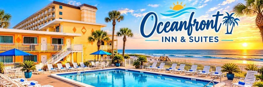 Oceanfront Inn & Suites in Ormond Beach with a sparkling swimming pool, palm trees, and beautiful Atlantic Ocean views.