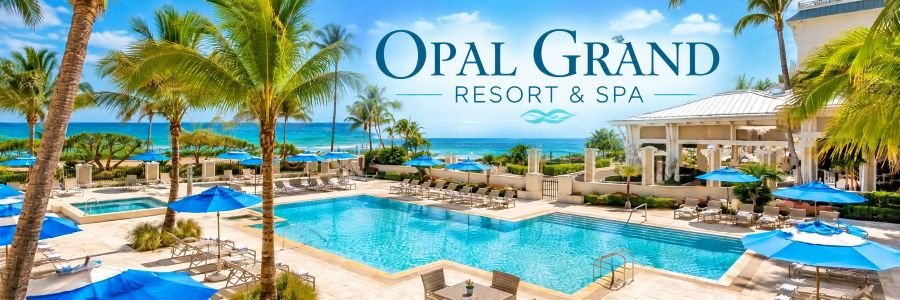 Opal Grand Resort & Spa in Delray Beach, Florida, featuring an oceanfront swimming pool, palm trees, and blue umbrellas.