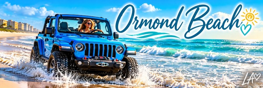 Bright aqua-blue Jeep with its top down and a blonde woman driving through shallow surf along Ormondd Beach Florida.