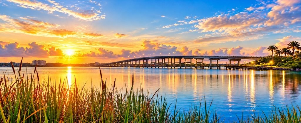 Golden sunrise over a coastal bridge in Ormond Beach, Florida, with calm water, marsh grasses, and soft pastel clouds.