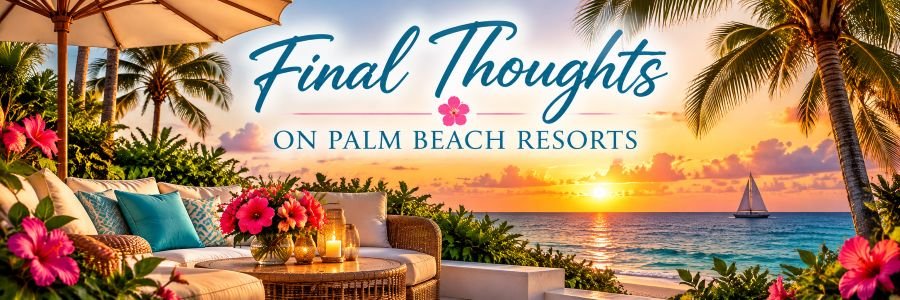 Palm Beach Florida tropical oceanfront sunset with golden skies, swaying palm trees, colorful hibiscus flowers, elegant seating, and a sailboat on the water.