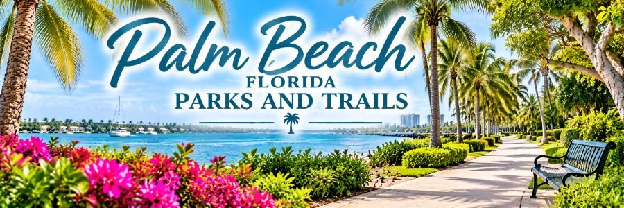 Palm Beach Florida parks and trails featuring a scenic waterfront walking path, tropical palm trees, colorful flowers, and beautiful Intracoastal Waterway views.