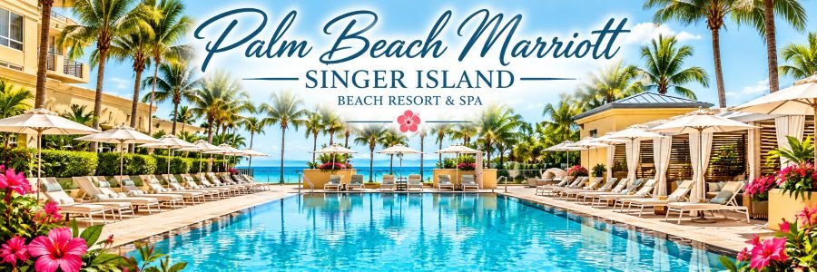 Luxury beachfront resort swimming pool surrounded by tropical palm trees, white umbrellas, elegant cabanas, and colorful pink hibiscus flowers.