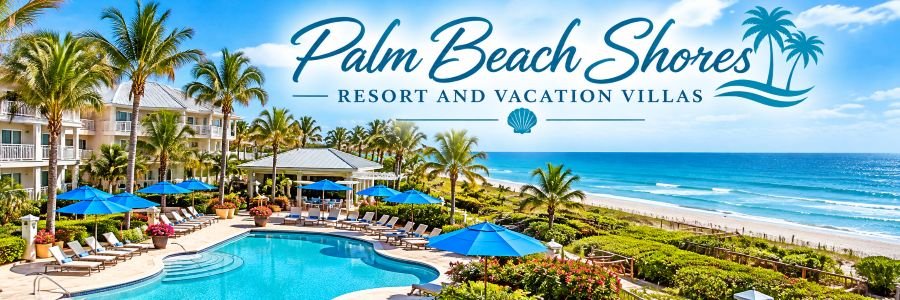 Palm Beach Shores Resort and Vacation Villas in Florida featuring a tropical swimming pool, palm trees, blue umbrellas, and beautiful Atlantic Ocean views.