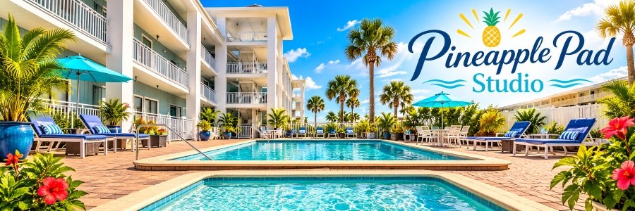 Sunny coastal condominium courtyard with two turquoise pools, palm trees, blue lounge chairs, and tropical landscaping.