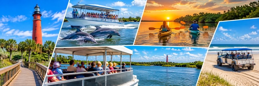 Ponce Inlet | Best Area Tours & Coastal Adventures Ponce Inlet tours collage featuring dolphin watching, kayaking, sightseeing cruises, a red lighthouse, and a coastal excursion.