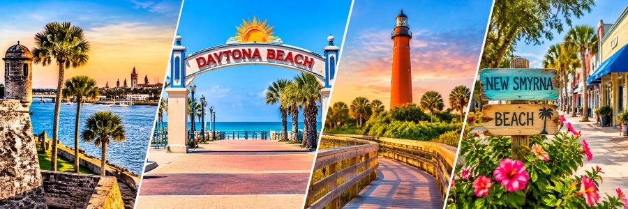 Ponce Inlet | Best Day Trips & Coastal Adventures Colorful collage of Florida coastal destinations featuring historic architecture, beach scenery, a lighthouse, and palm-lined streets.