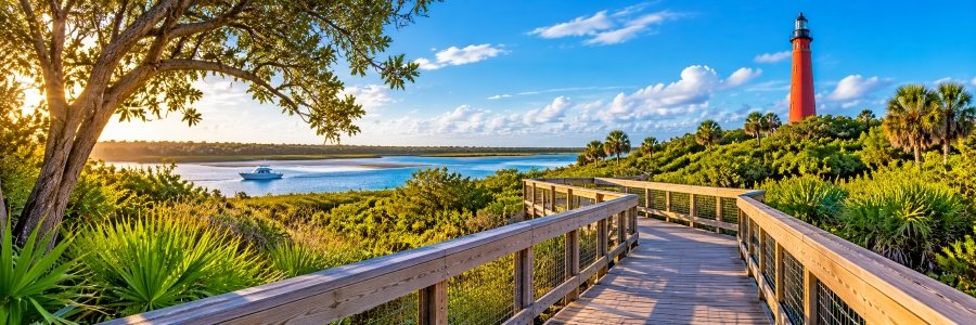 Ponce Inlet | Scenic Parks & Coastal Nature Trails Ponce Inlet coastal nature trail with a wooden boardwalk overlooking blue waterways, lush vegetation, and a red lighthouse.