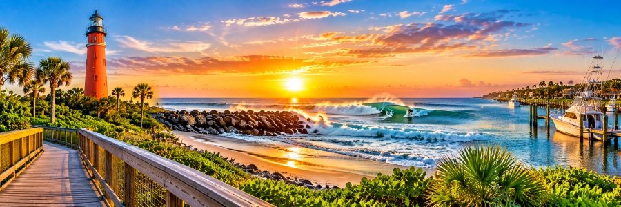 Ponce Inlet | Where Coastal Beauty Meets Adventure Ponce Inlet lighthouse overlooking a golden coastal sunset, rolling surf, rocky jetty, wooden boardwalk, and marina.