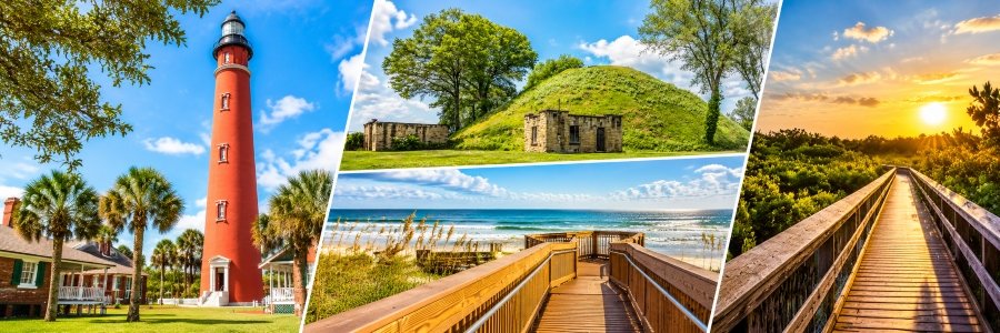 Ponce Inlet | Scenic Spots & Hidden Gems Ponce Inlet scenic collage featuring a red lighthouse, historic grassy mound, oceanfront boardwalk, and sunlit nature trail.