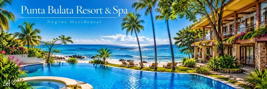 Punta Bulata Resort & Spa in Negros Occidental featuring a sparkling infinity pool, tropical palm trees, beachfront accommodations, and beautiful ocean views.
