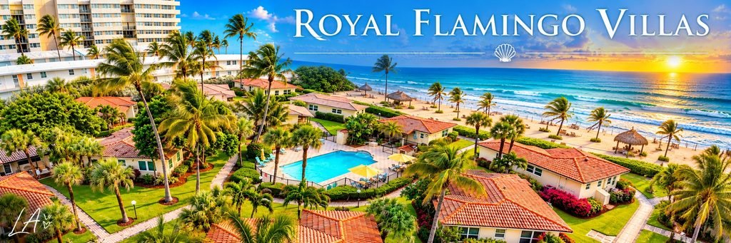 Aerial view of Royal Flamingo Villas featuring terracotta-roofed cottages, lush tropical gardens, a turquoise swimming pool, palm trees, and Atlantic Ocean views.