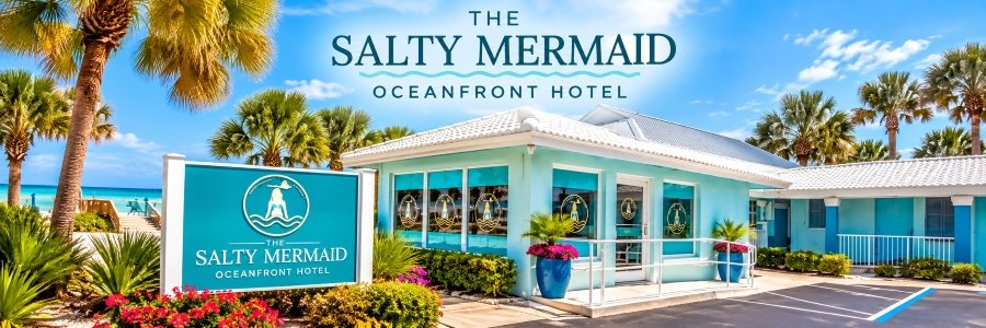 Salty Mermaid Oceanfront Hotel | New Smyrna Beach Turquoise beachfront hotel with white roof, palm trees, colorful flowers, and a welcoming entrance near Ponce Inlet