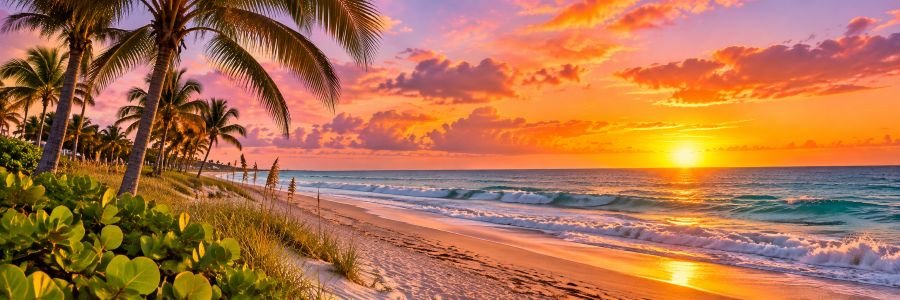 Beautiful sunrise over Singer Island Beach, Florida, with tropical palm trees, golden sand, gentle Atlantic Ocean waves, and colorful pink and orange skies.