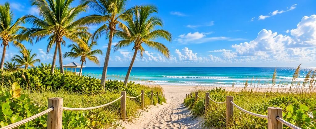Tropical beach entrance on Singer Island with swaying palm trees, a sandy pathway, and turquoise Atlantic Ocean waters.