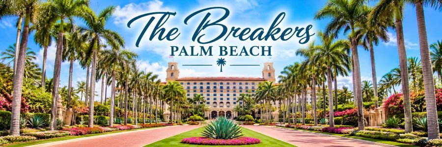 The Breakers luxury resort featuring its historic Mediterranean-style architecture, grand palm-lined entrance, and beautifully landscaped tropical gardens.