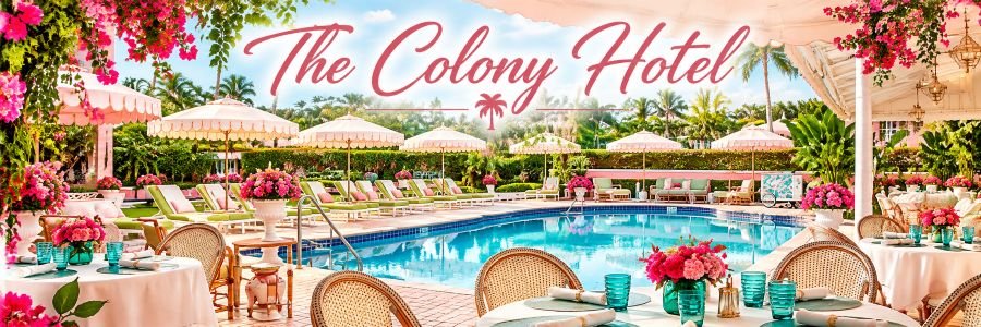 The Colony Hotel's tropical pool courtyard featuring pink flowering gardens, scalloped umbrellas, wicker dining furniture, and turquoise swimming pool.