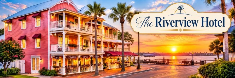 The Riverview Hotel | New Smyrna Beach, Florida Historic pink waterfront hotel with white balconies and palm trees overlooking the river at sunse