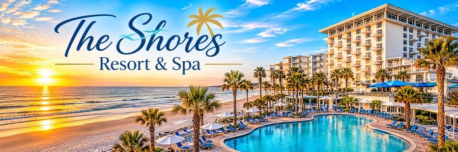 Golden sunrise over the Atlantic shoreline near Ormond Beach, featuring a beachfront resort with a turquoise pool and tropical palm trees.