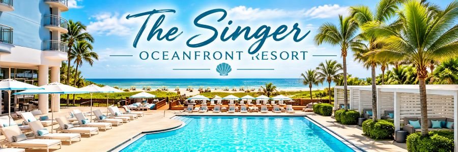 The Singer Oceanfront Resort on Singer Island, Florida, featuring a tropical swimming pool, palm trees, beach loungers, and Atlantic Ocean views.