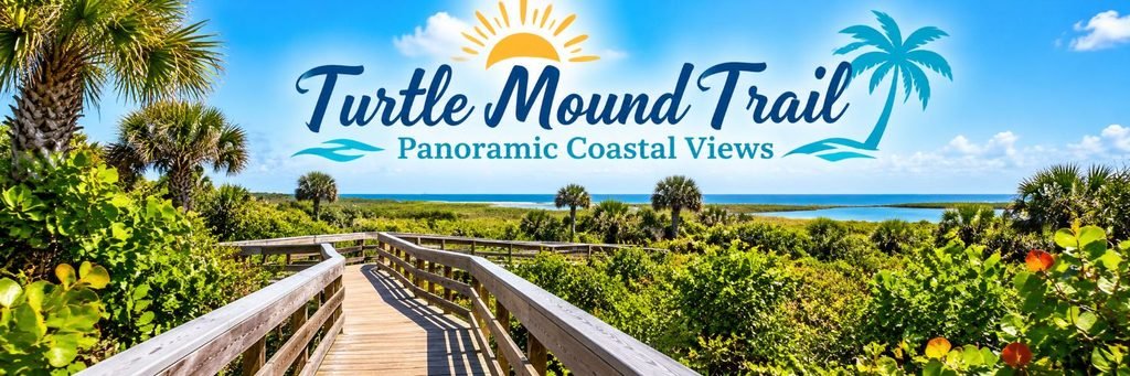 Wooden boardwalk along Turtle Mound Trail near Oak Hill Florida, surrounded by lush coastal vegetation and panoramic lagoon and ocean views.