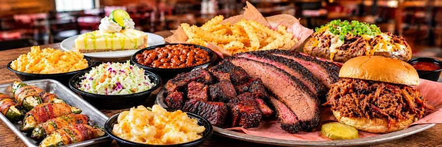 Branson barbecue feast with brisket, burnt ends, pulled pork, baked beans, coleslaw, and mac and cheese