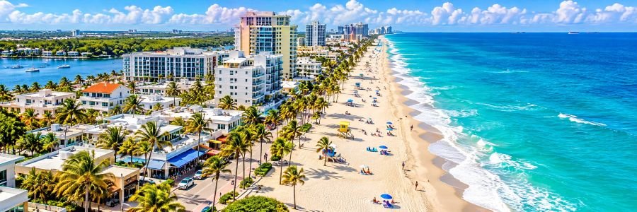 Aerial view of West Palm Beach Florida with a sandy beach, turquoise Atlantic water, palm trees, and coastal buildings.