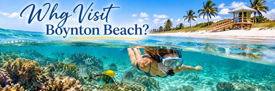 Boynton Beach snorkeling banner featuring a snorkeler swimming among tropical fish and coral reefs beneath turquoise Atlantic waters, with a sandy beach above.
