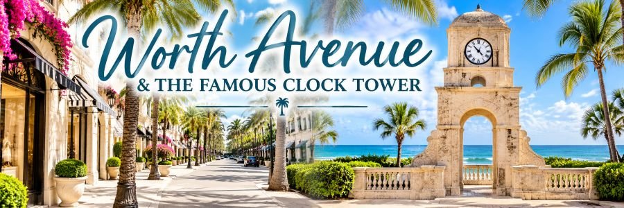 Worth Avenue and the famous Clock Tower in Palm Beach Florida, featuring palm-lined boutiques, Mediterranean architecture, and Atlantic Ocean views.