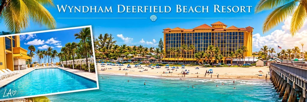 Oceanfront resort collage featuring a golden hotel building, sandy beach, turquoise Atlantic waters, fishing pier, and a tropical swimming pool.
